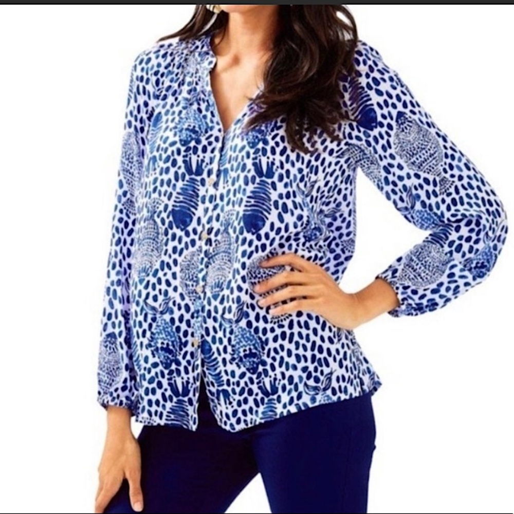 Lilly Pulitzer Elsa Button Down Flowy Blouse Sz XXS Blue White Fish Print 88189